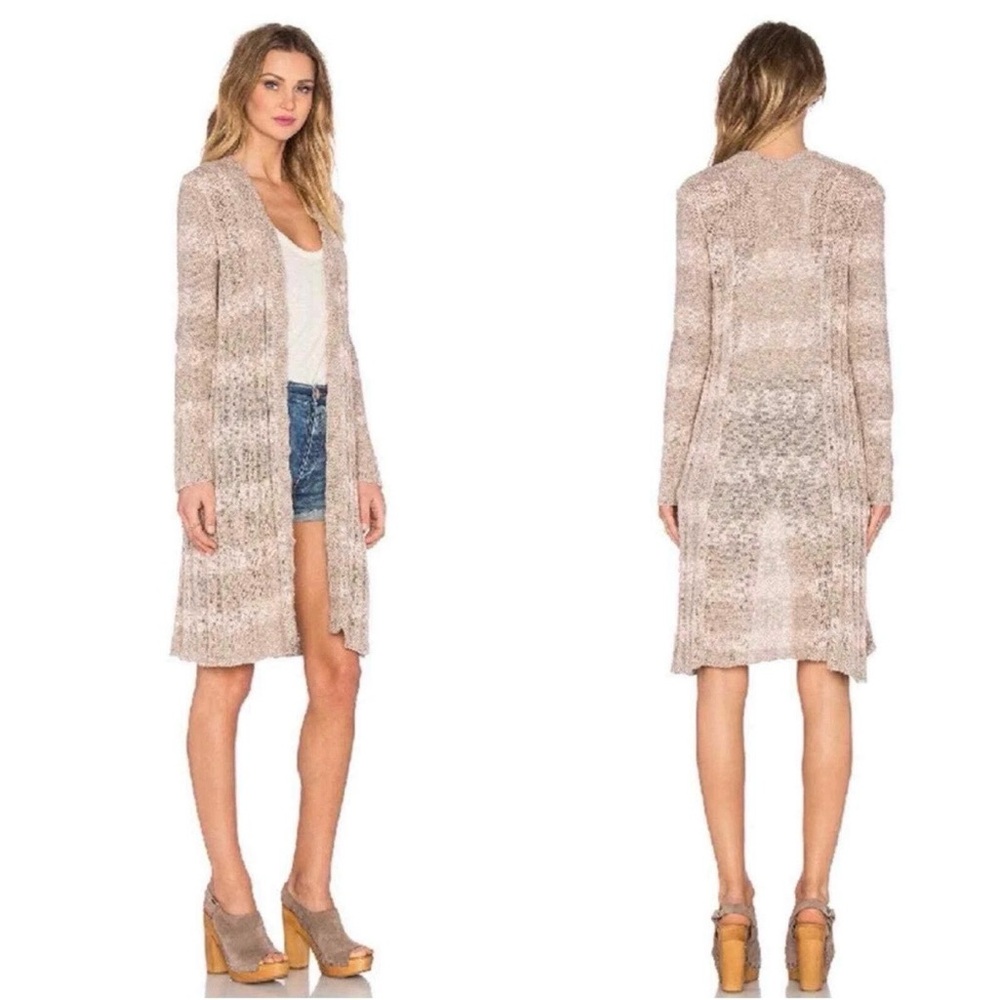 Free People Long Open Knit Cardigan Duster Taupe Stripe Small Linen Cotton Blend